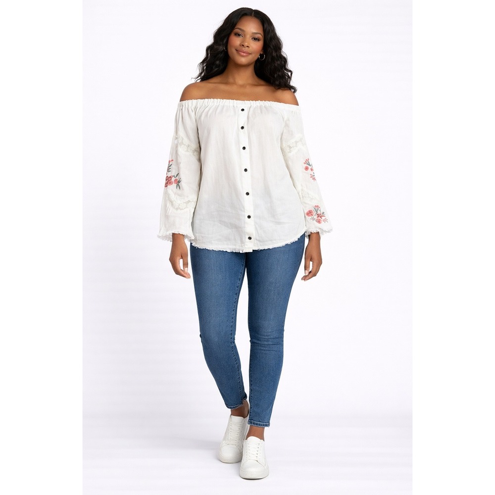 Ali Miles White Embroidered Peasant‎ Blouse  Off-Shoulder Button Front Boho  XS
